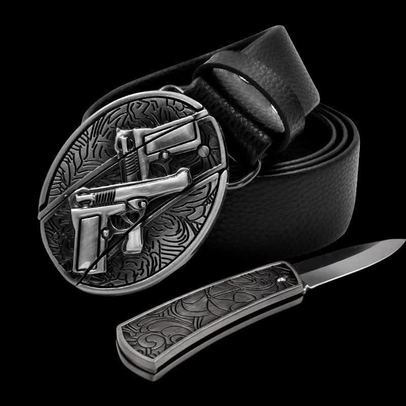 Ceinture en cuir pour homme avec double pistolet et couteau pliant
