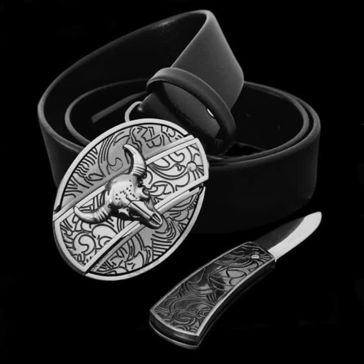 Ceinture en cuir pour homme avec tête de taureau et couteau pliant