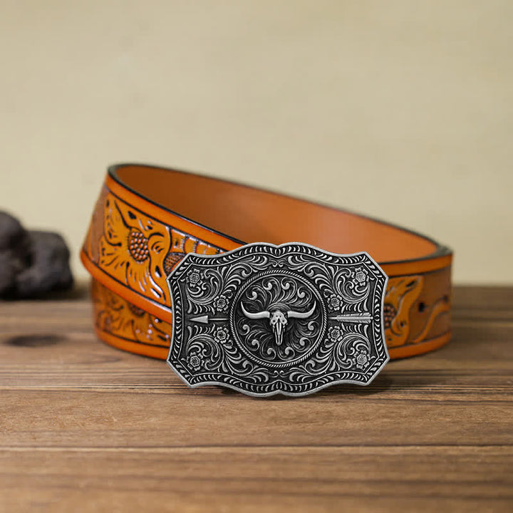 Ceinture en cuir à boucle en forme de flèche de taureau à longue corne pour homme