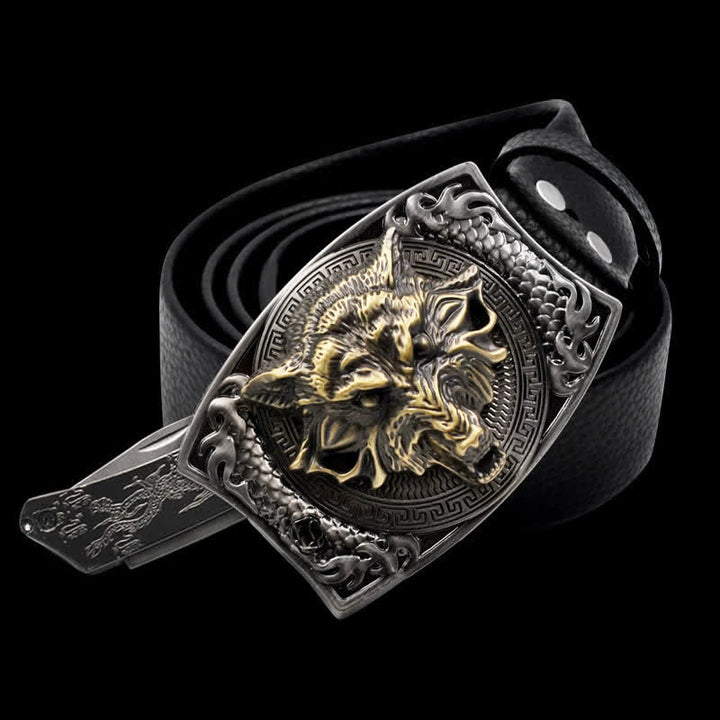 Ceinture en cuir pour homme avec tête de loup dorée et couteau pliant