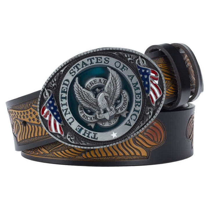 Ceinture en cuir à boucle patriotique pour homme avec ailes déployées et aigle