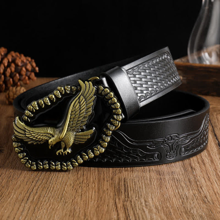 Ceinture en cuir pour homme avec motif d'aigle en or antique et faucon planant