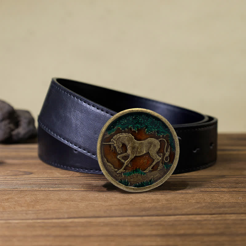 Ceinture en cuir à boucle en bronze antique pour homme avec licorne mystique