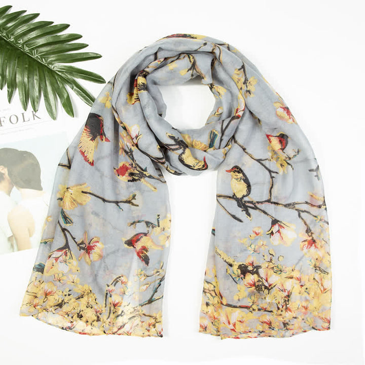 Écharpe légère à imprimé floral et oiseaux pour femme