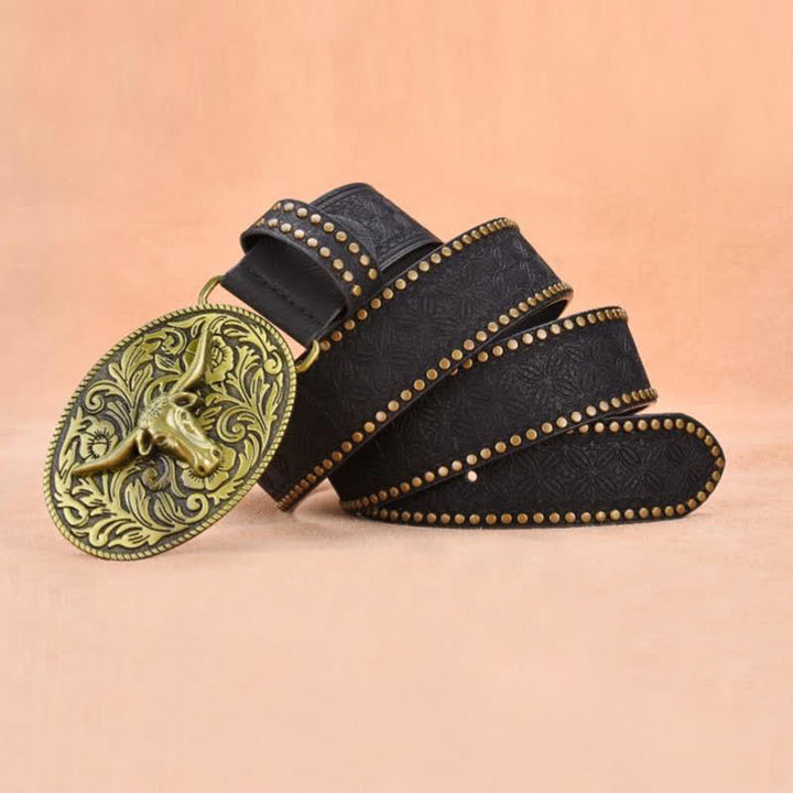 Ceinture en cuir gaufré à rivets tête de taureau pour homme