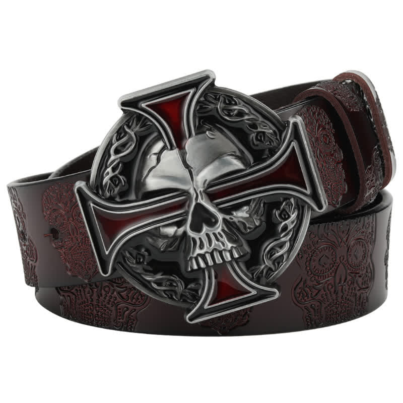 Ceinture en cuir à motif tête de mort en relief pour homme