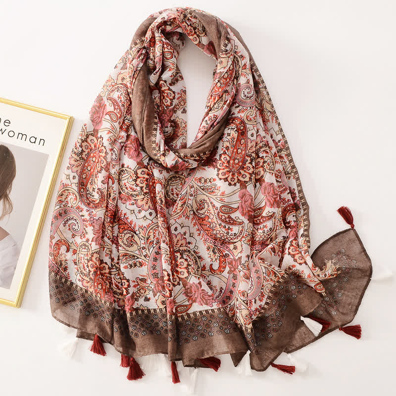 Écharpe fine à pompon et motif papillons floraux pour femme