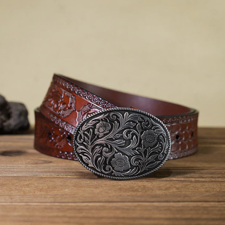 Ceinture en cuir à boucle ovale classique à motif floral pour homme