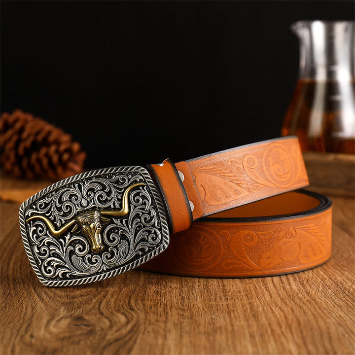 Ceinture en cuir à boucle carrée et fleur pour homme