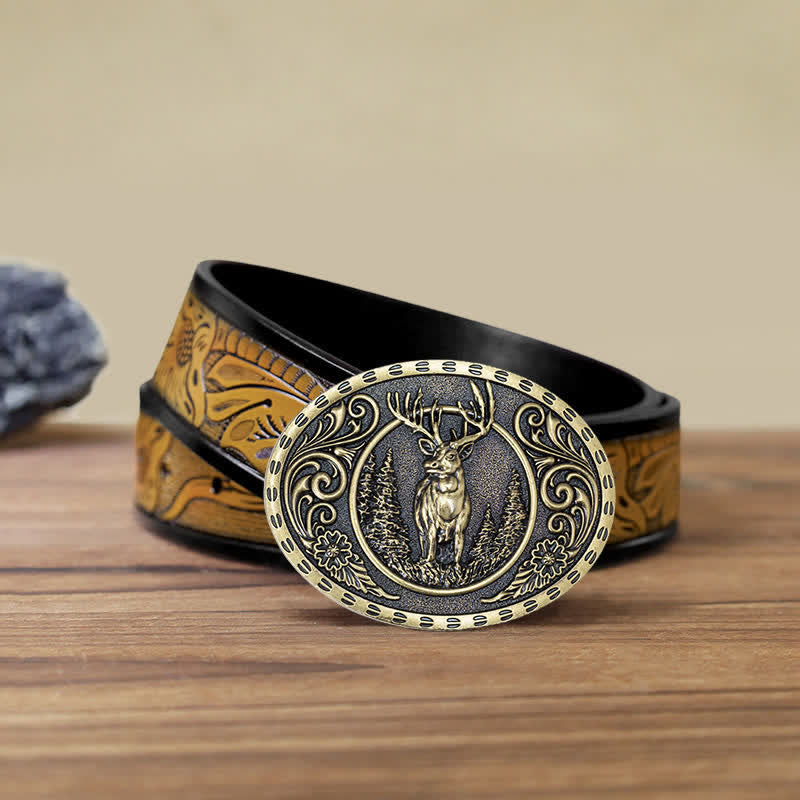 Ceinture en cuir à boucle drapeau américain pour homme avec motif de chasseur de cerfs