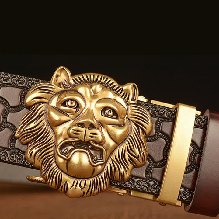 Ceinture en cuir pour homme avec tête de lion sculptée en 3D