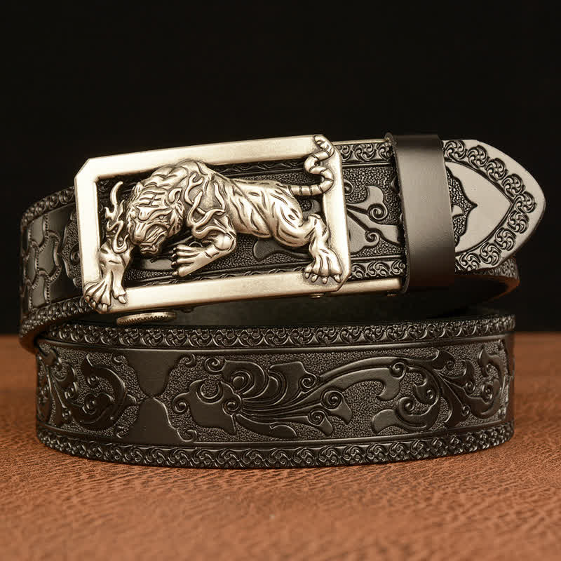 Ceinture en cuir à motif floral en relief avec boucle tigrée pour homme