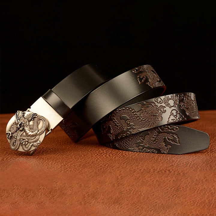 Ceinture en cuir à boucle automatique ronde pour homme avec motif dragon de flamme