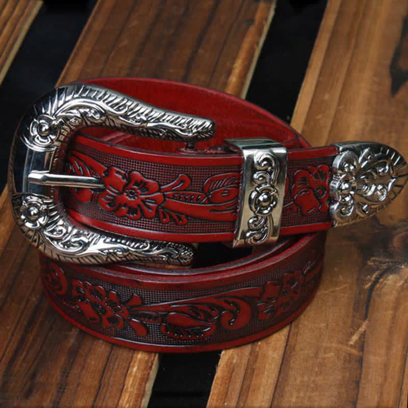Ceinture unisexe vintage en cuir avec petit motif rose en relief