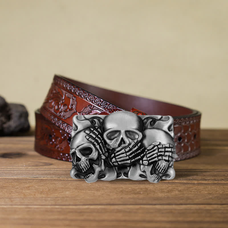 Ceinture en cuir à boucle pour homme avec tête de mort et rire horrible