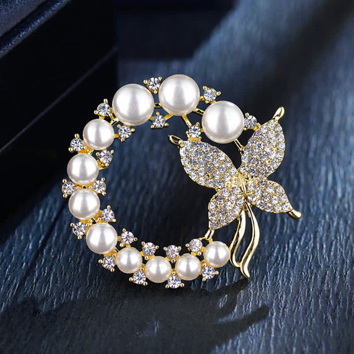 Broche couronne de perles papillon doré pour femme