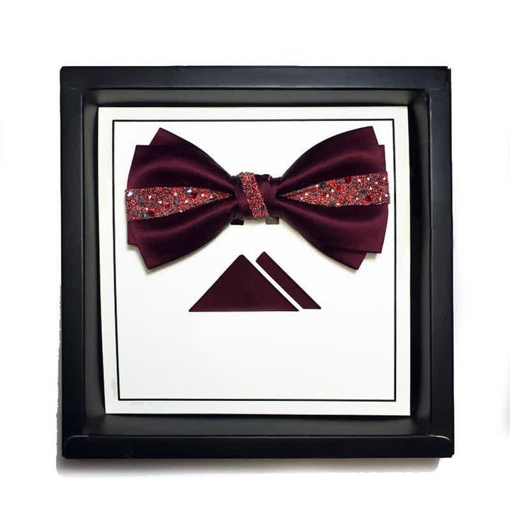Pochette de costume pour homme avec nœud papillon et strass de couleur rouge