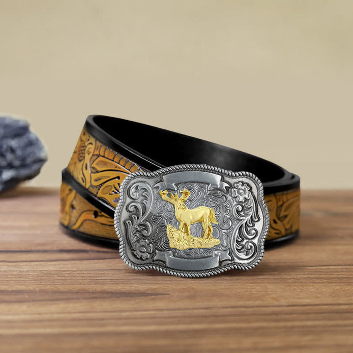 Ceinture en cuir à boucle animalière sculptée en or pour homme - Cerf - Ceinture SandyBrown (40) - image 35