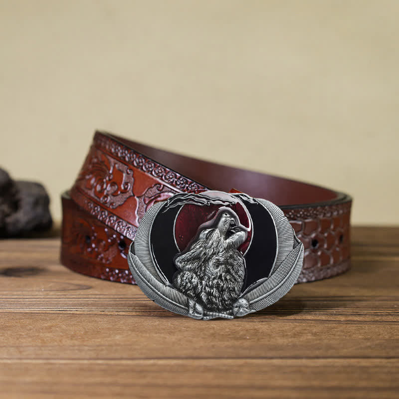Ceinture en cuir à boucle ovale pour homme avec motif loup hurlant et lune