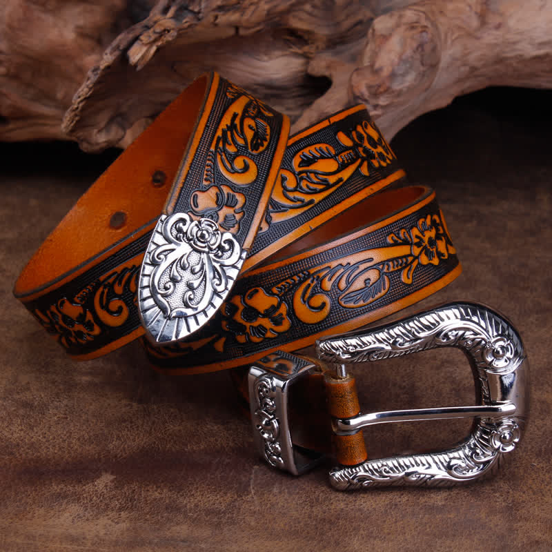 Ceinture unisexe vintage en cuir avec petit motif rose en relief