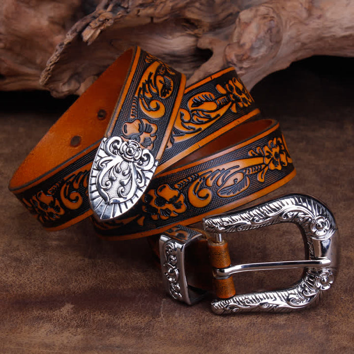 Ceinture unisexe vintage en cuir avec petit motif rose en relief