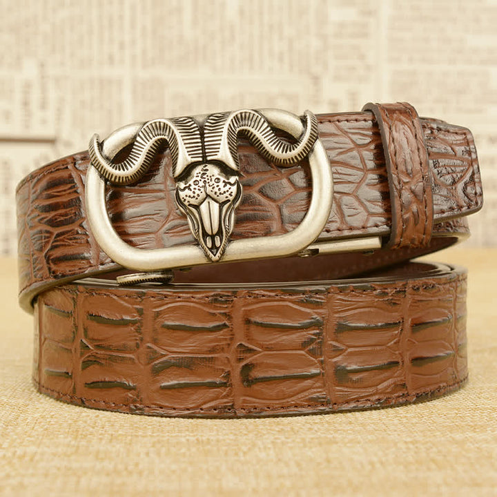 Ceinture en cuir à boucle automatique pour homme avec imprimé crocodile et tête de chèvre