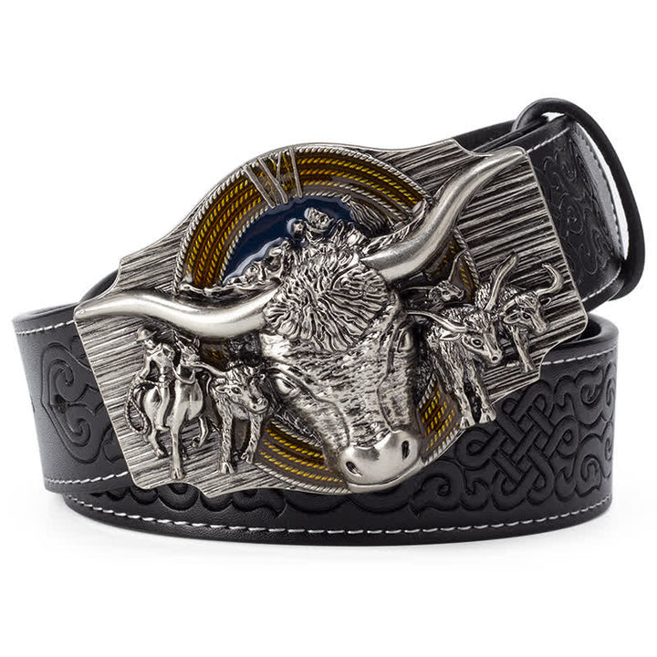 Ceinture en cuir gaufré pour homme avec motif taureau Longhorn - Noir / Argent - 46 - image 0