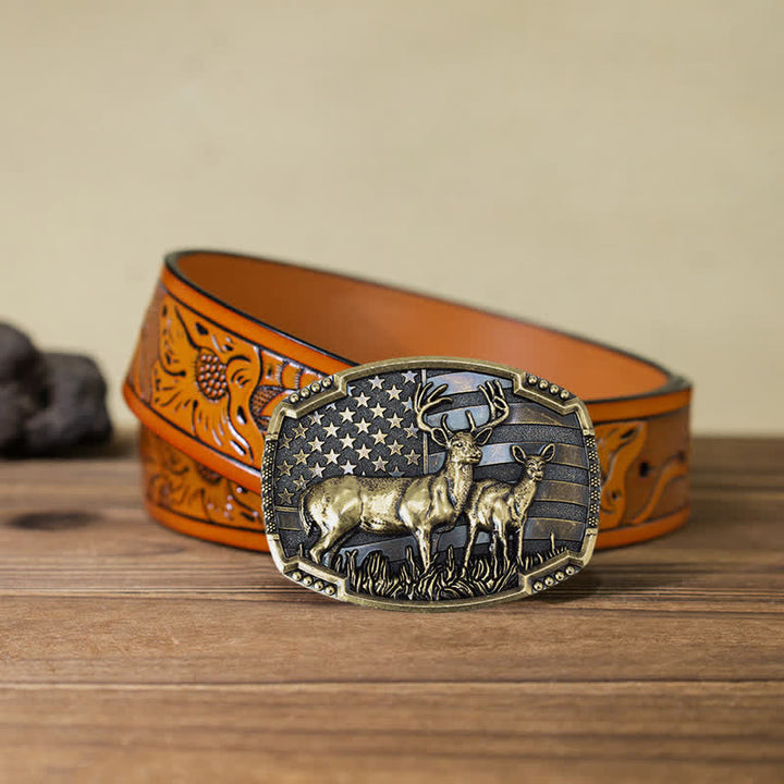 Ceinture en cuir à boucle drapeau américain pour homme avec motif de chasseur de cerfs