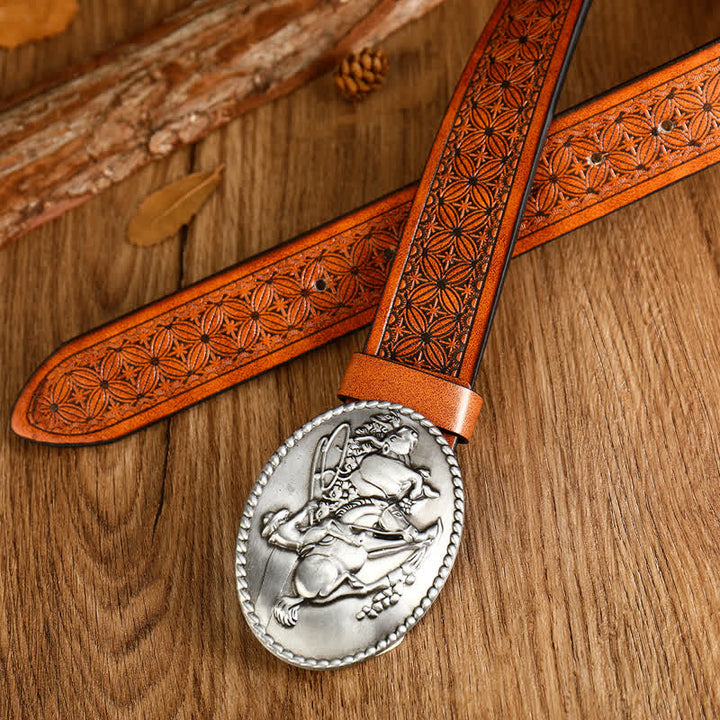 Ceinture en cuir à boucle géométrique pour homme avec cheval au galop