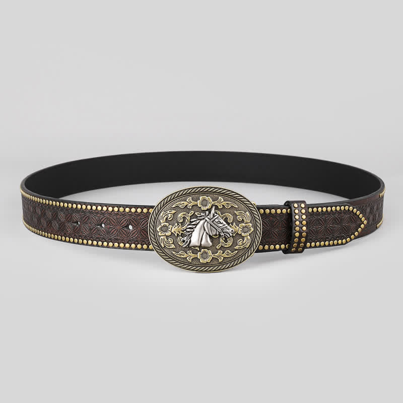 Ceinture en cuir pour homme avec motif tête de cheval et détails floraux
