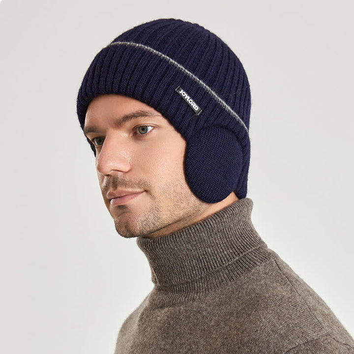Bonnet unisexe en tricot épais et élastique avec cache-oreilles de couleur unie