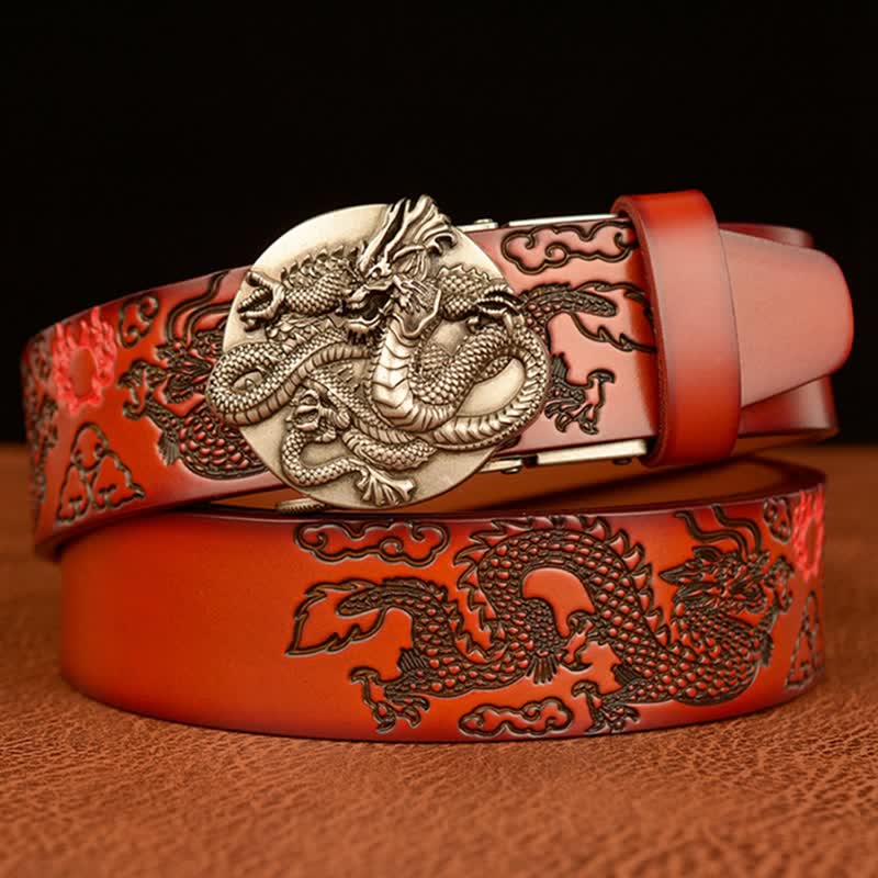 Ceinture en cuir à boucle automatique ronde pour homme avec motif dragon de flamme