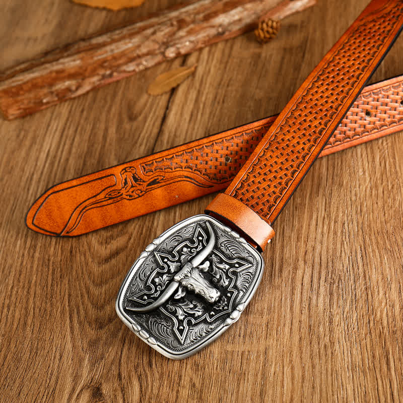 Ceinture en cuir imprimé tête de vache de style western pour homme