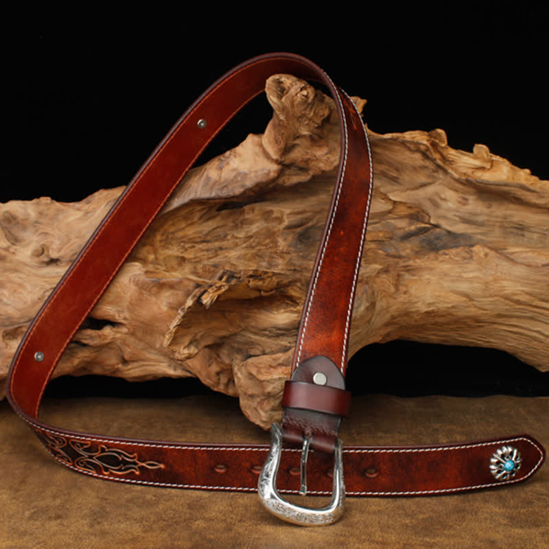Ceinture unisexe rétro en cuir marron turquoise à fleurs