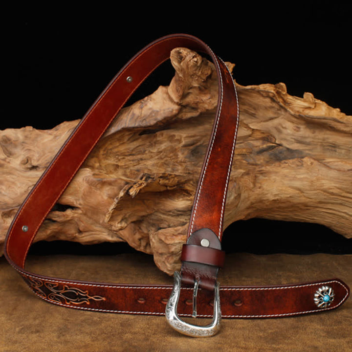 Ceinture unisexe rétro en cuir marron turquoise à fleurs