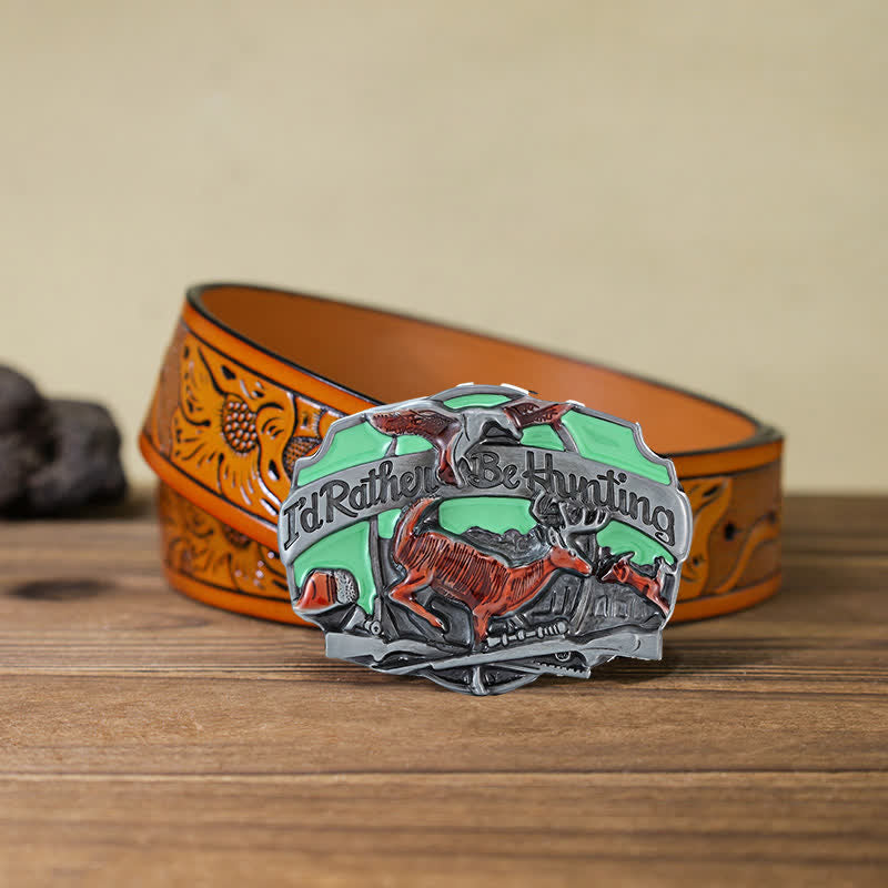 Ceinture en cuir à boucle pour homme avec motif de cerf de chasse dans la nature