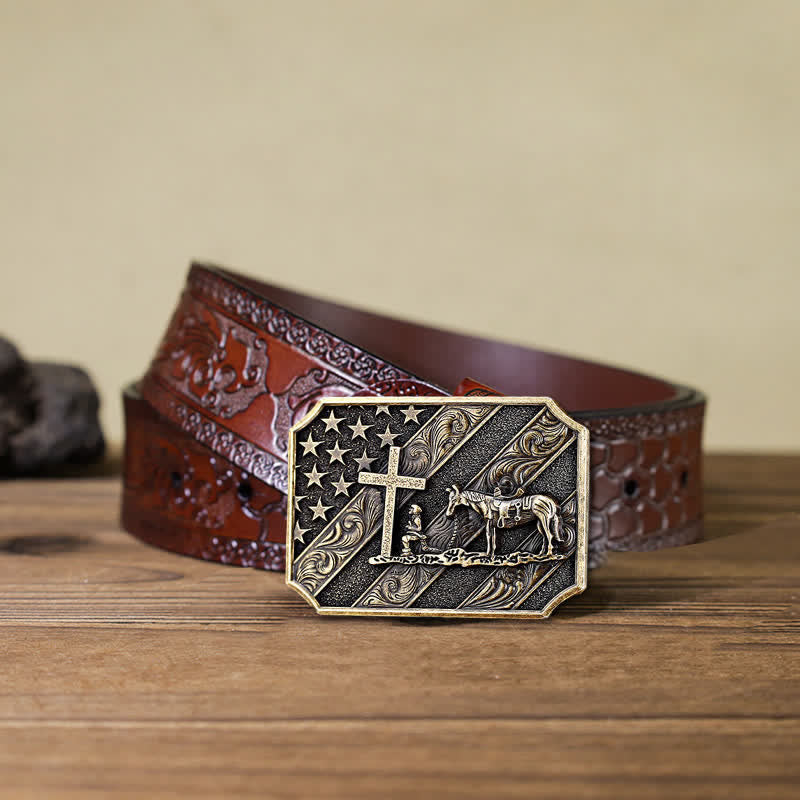 Ceinture en cuir à boucle de cheval avec croix de prière et drapeau américain pour homme