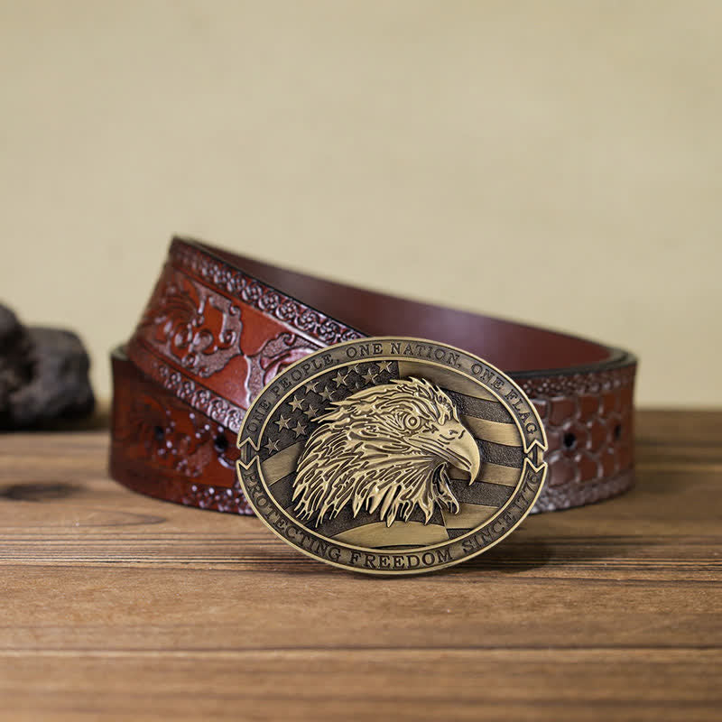 Ceinture en cuir à boucle patriotique pour homme avec drapeau américain et aigle à tête blanche