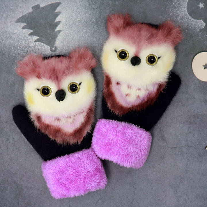 Gants mitaines en fourrure d'animaux mignons pour femmes - Hibou violet - image 8