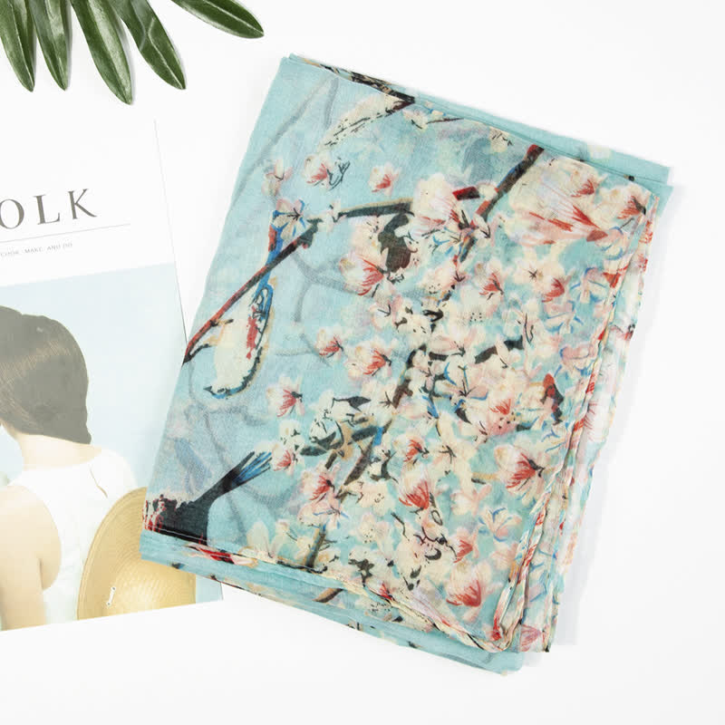 Écharpe légère à imprimé floral et oiseaux pour femme