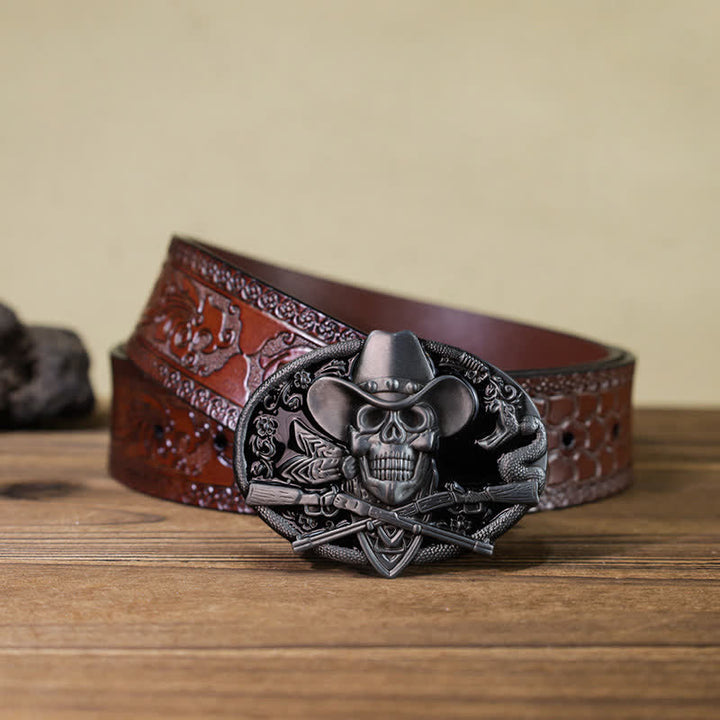Ceinture en cuir à boucle pour homme avec tête de mort et armes croisées