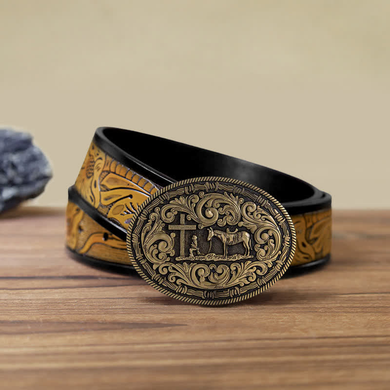 Ceinture en cuir à boucle ovale pour homme avec motif cowboy priant