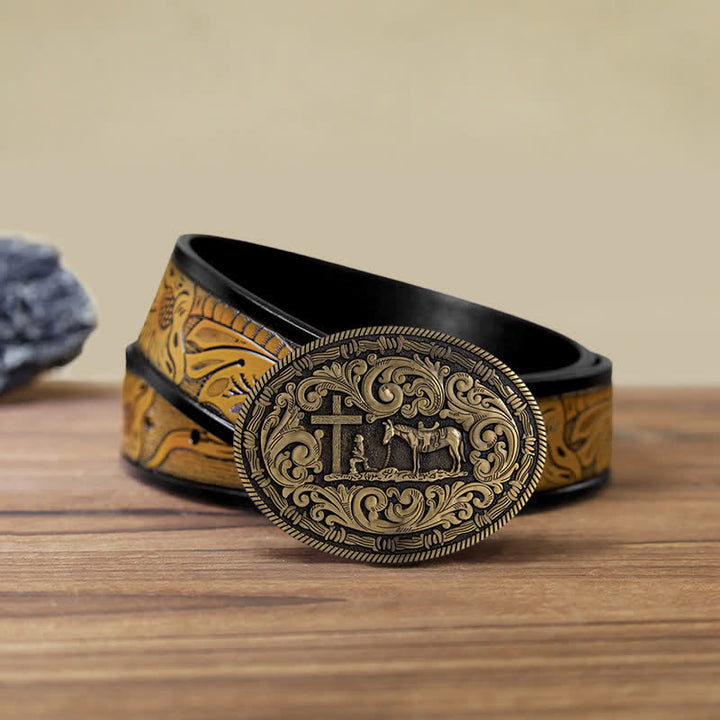 Ceinture en cuir à boucle ovale pour homme avec motif cowboy priant