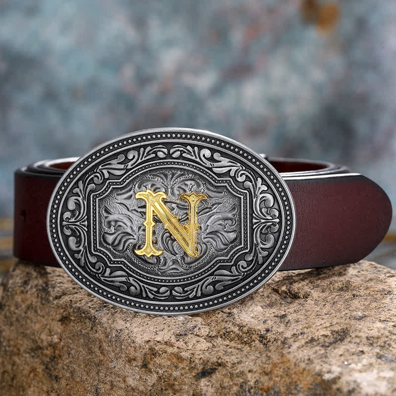 Ceinture en cuir unisexe style hip-hop avec boucle en relief et initiales