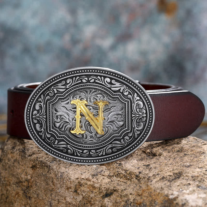 Ceinture en cuir unisexe style hip-hop avec boucle en relief et initiales