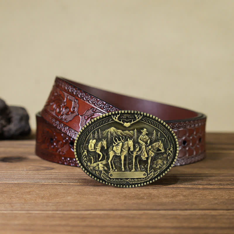 Ceinture en cuir à boucle pour homme avec motif de cheval de cow-boy