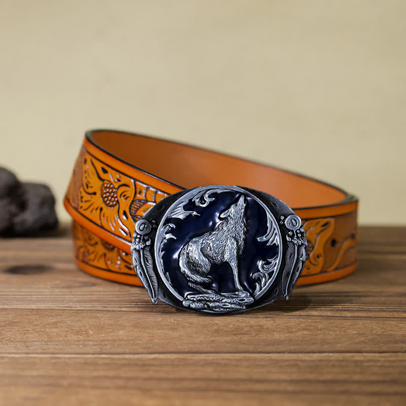 Ceinture en cuir à boucle en émail pour homme avec loup hurlant dominateur