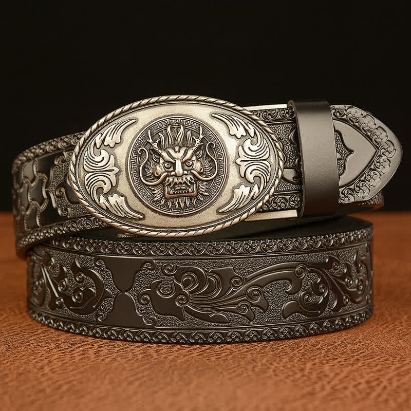 Ceinture en cuir à boucle elliptique pour homme avec dragon