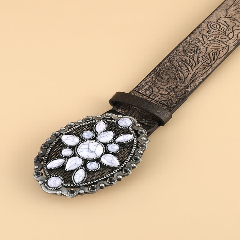 Ceinture ethnique en cuir blanc gaufré pour femme