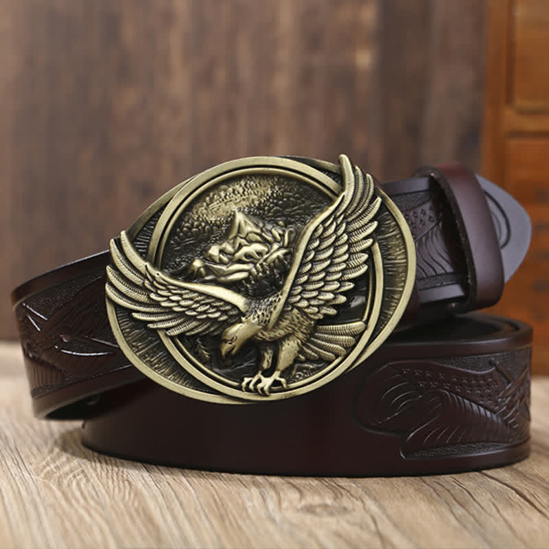 Ceinture en cuir à motif sculpté avec boucle d'aigle volant fantaisie pour homme